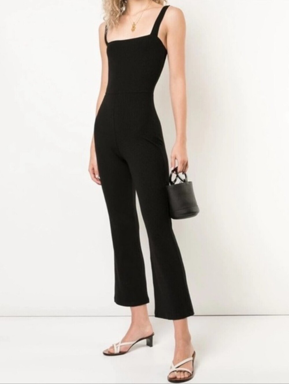Reformation Ribbed Flare Crop Jumpsuit Black Xlarge